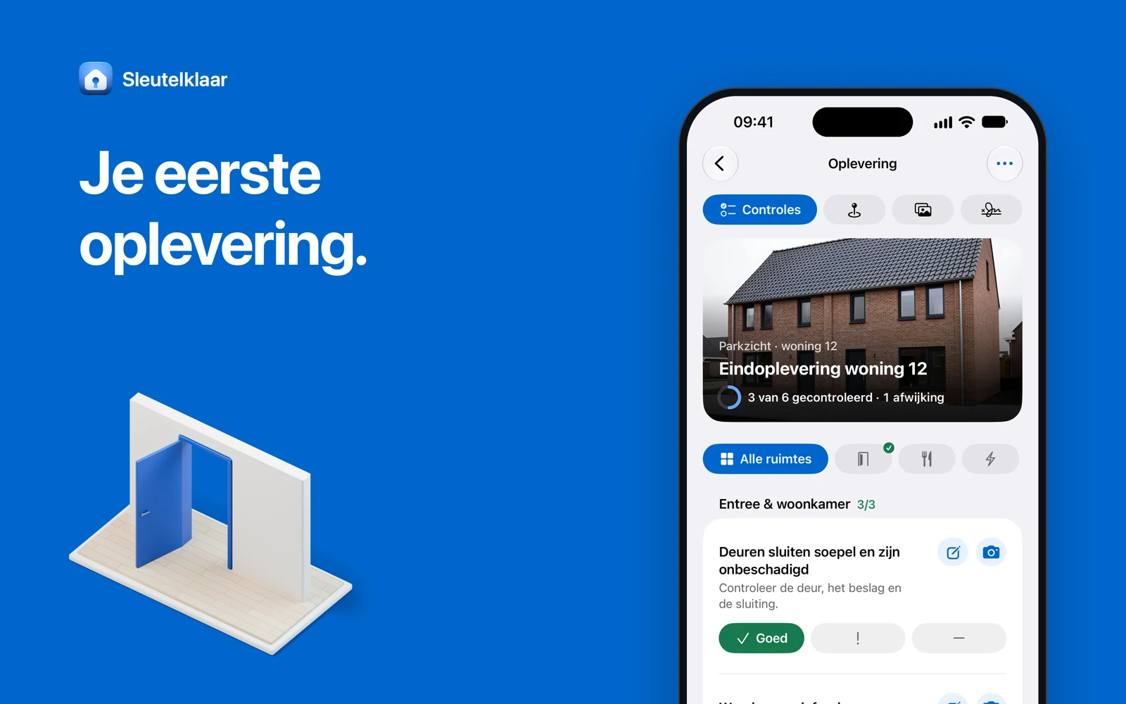 Blauw vlak met de kop ‘Je eerste oplevering’, een iPhone met een oplevering en de controles per ruimte en een witte maquette van een wand met een open blauwe deur.