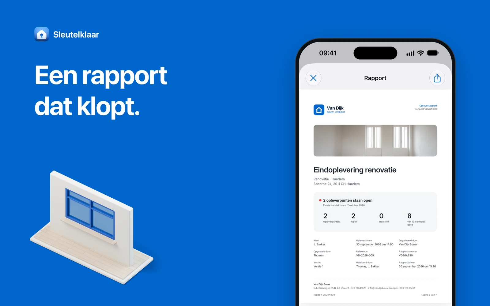 Blauw vlak met de kop ‘Een rapport dat klopt’, een iPhone met een opleverrapport als pdf en een witte maquette van een wand met een blauw kozijn.