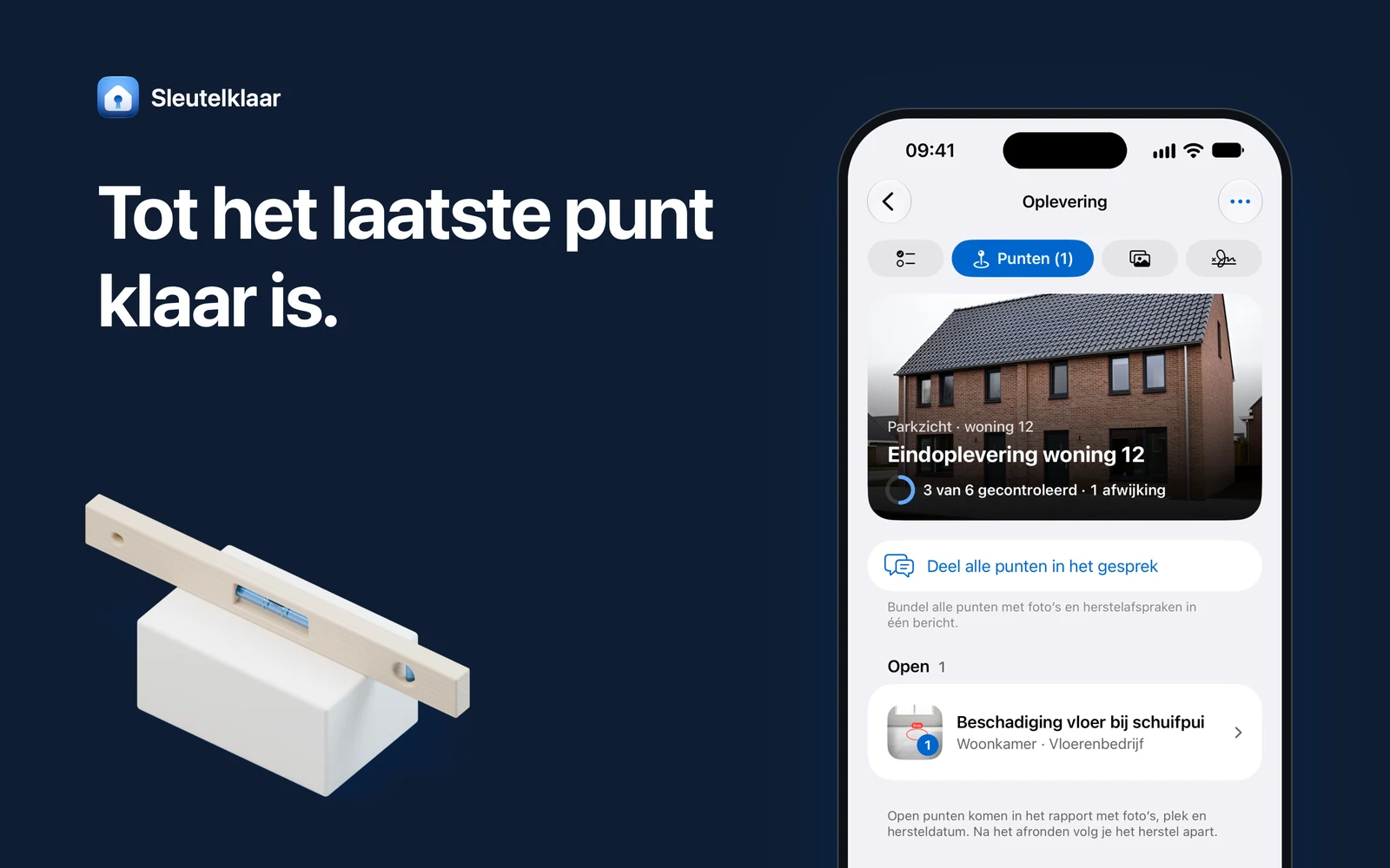 Donkerblauw vlak met de kop ‘Tot het laatste punt klaar is’, een iPhone met het tabblad Punten van een oplevering en een waterpas op een wit blok.