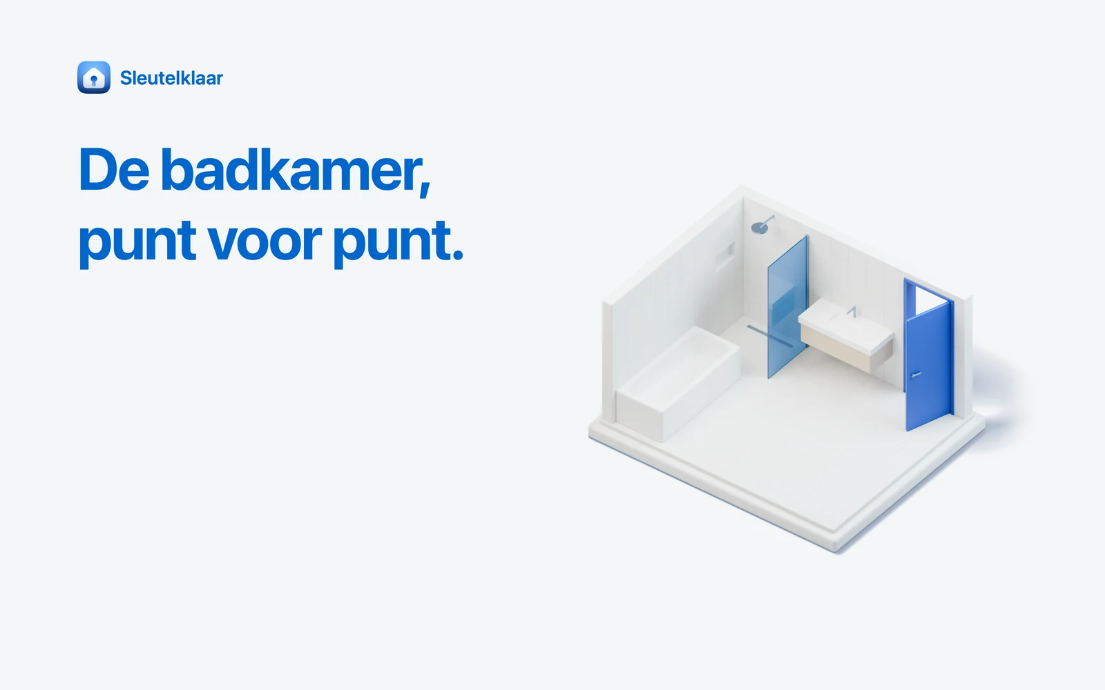 Lichtgrijs vlak met de kop ‘De badkamer, punt voor punt’, een opengewerkte maquette van een badkamer.