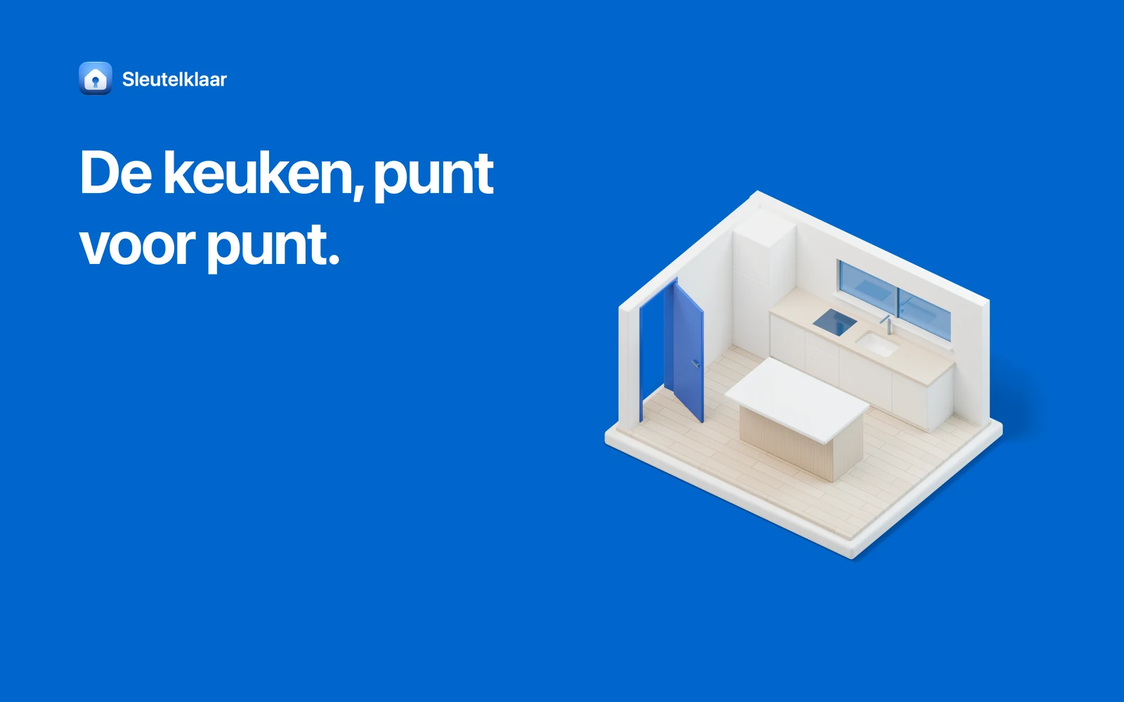 Blauw vlak met de kop ‘De keuken, punt voor punt’, een opengewerkte maquette van een keuken met een kookeiland.
