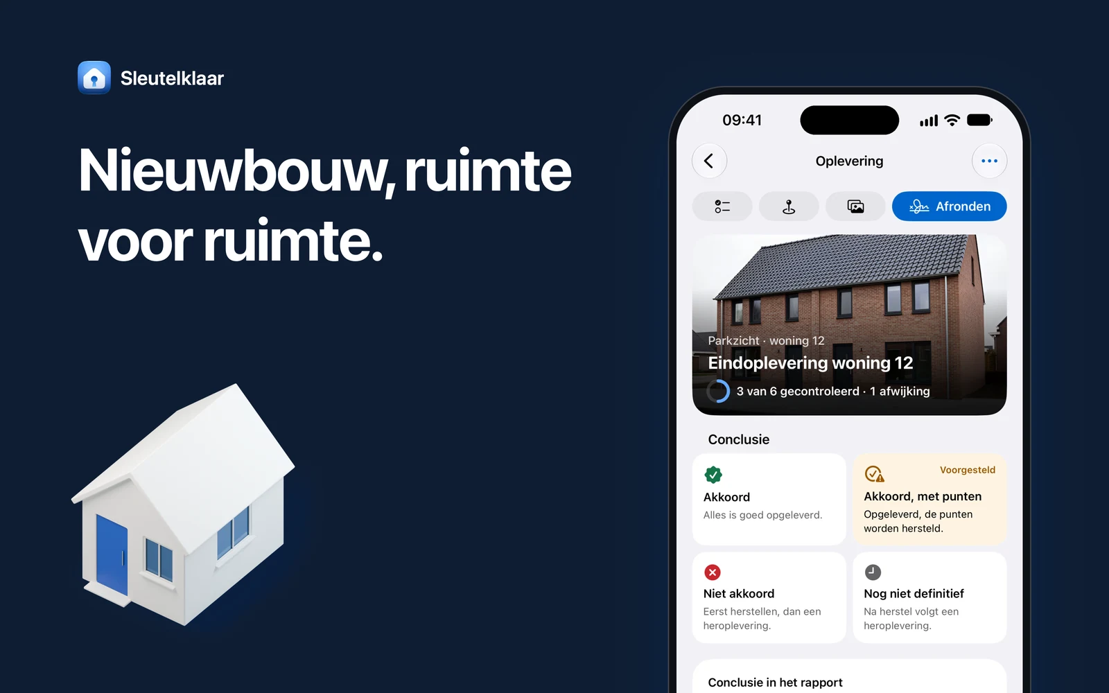 Donkerblauw vlak met de kop ‘Nieuwbouw, ruimte voor ruimte’, een iPhone met het tabblad Afronden en de keuze voor de conclusie en een witte maquette van een huis met een blauwe voordeur.