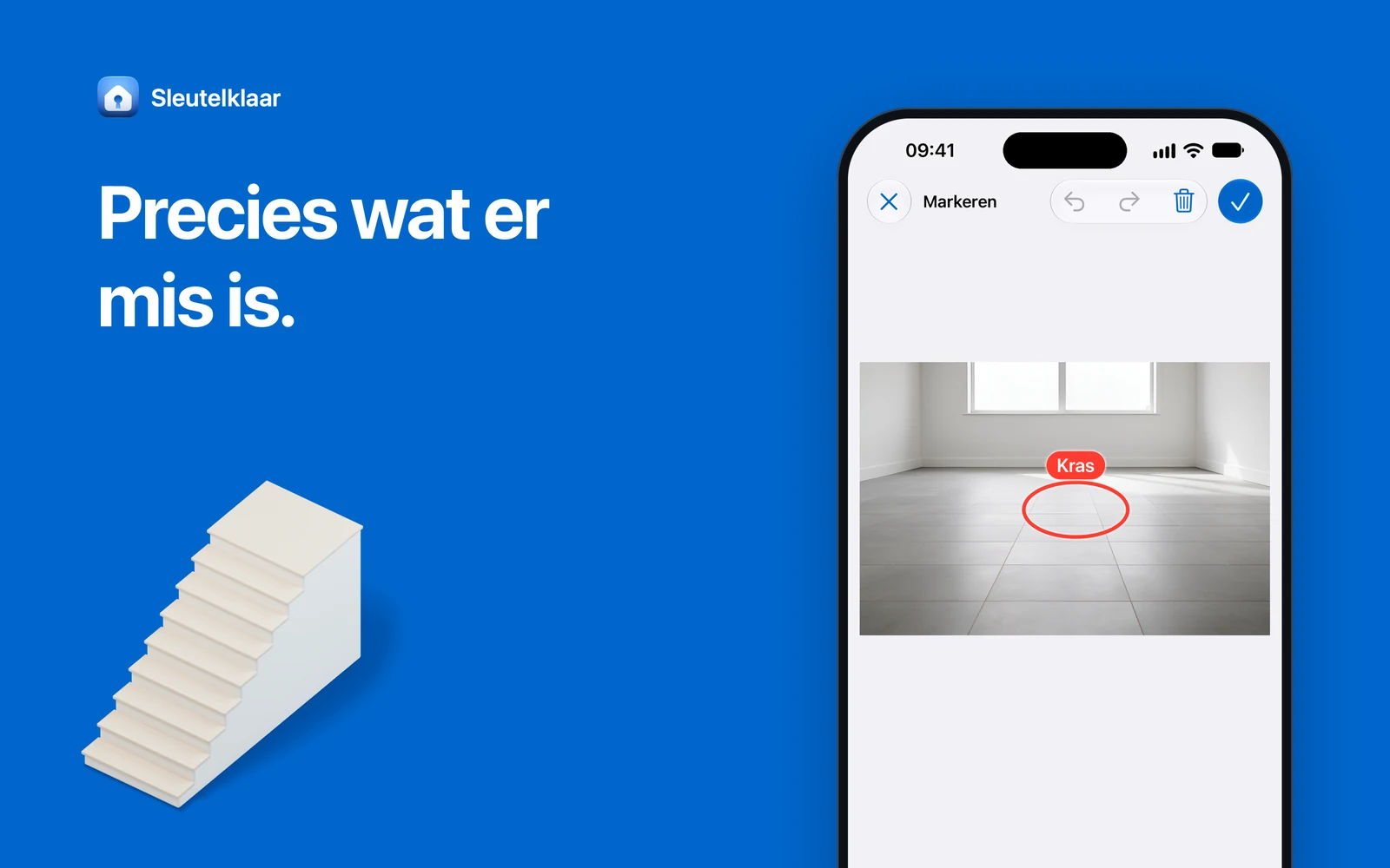 Blauw vlak met de kop ‘Precies wat er mis is’, een iPhone met een foto waarop een kras rood is gemarkeerd en een witte maquette van een trap met houten treden.