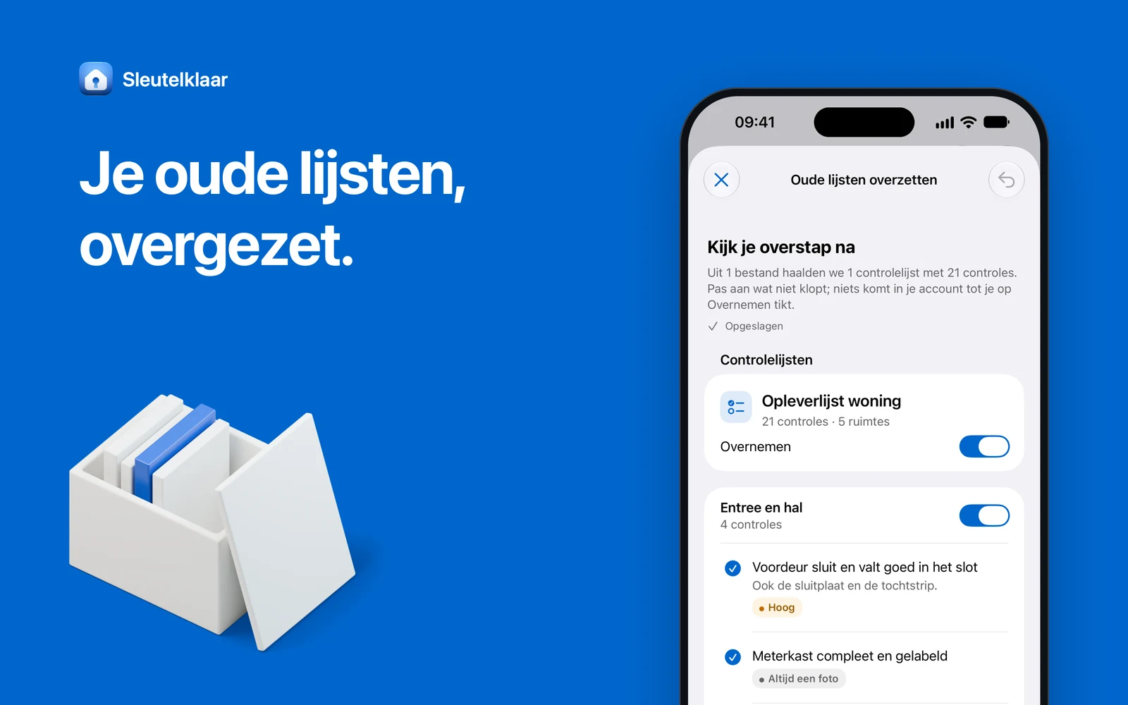 Blauw vlak met de kop ‘Je oude lijsten, overgezet’, een iPhone met het nakijken van een overstap van oude lijsten en een witte maquette van een kist met ordners.
