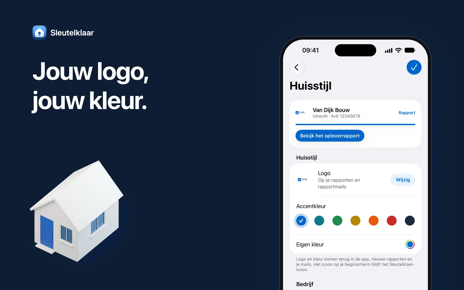Donkerblauw vlak met de kop ‘Jouw logo, jouw kleur’, een iPhone met de huisstijl: logo en accentkleur en een witte maquette van een huis met een blauwe voordeur.