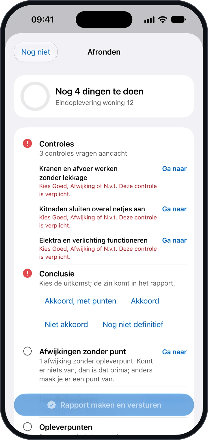 Het blad Afronden met drie verplichte controles die nog aandacht vragen, de vier keuzes bij Conclusie en de knop Rapport maken en versturen