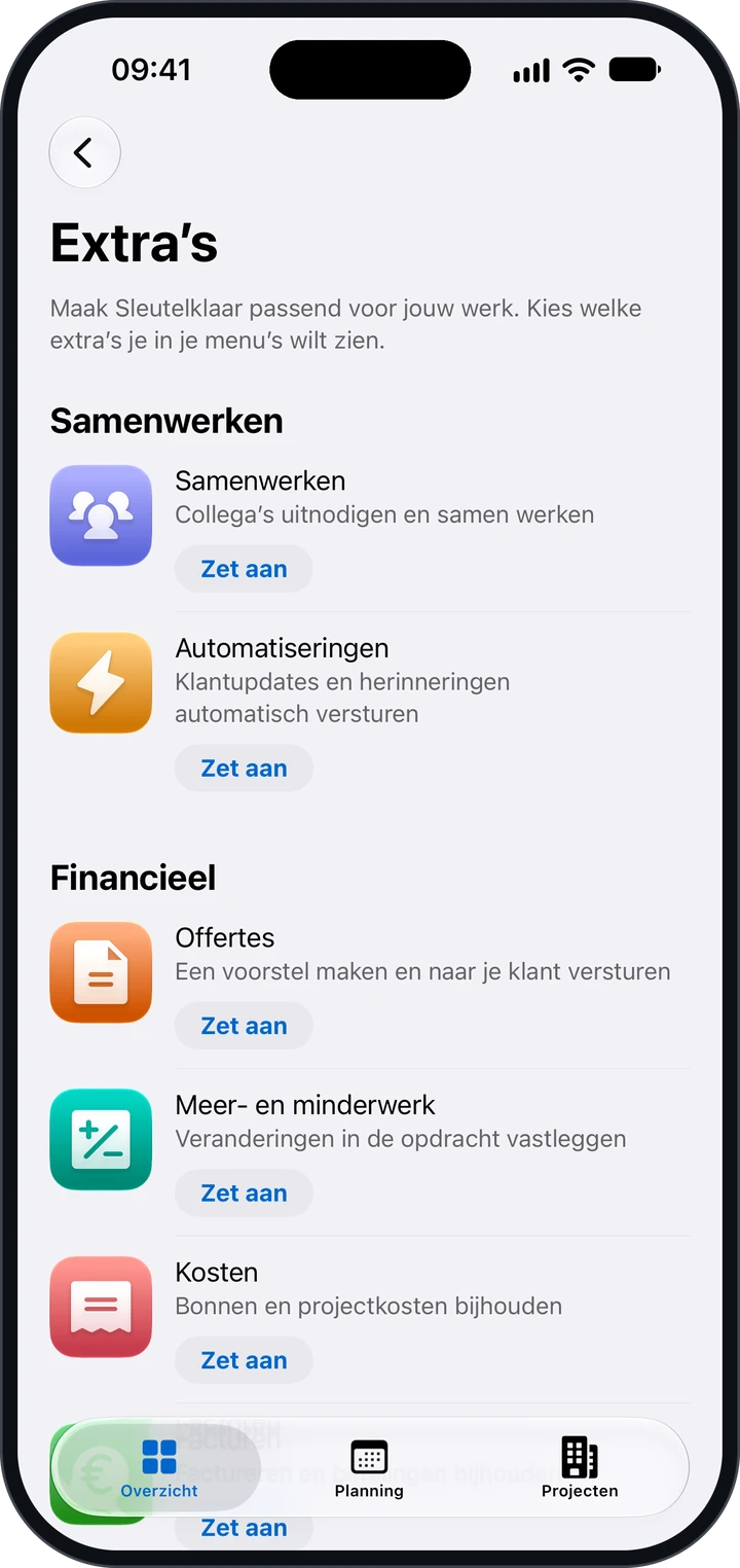 Het scherm Extra’s met Automatiseringen en de knop Zet aan
