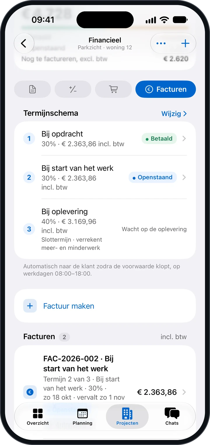 Het Termijnschema met drie termijnen, een betaald, een openstaand en een die wacht op de oplevering