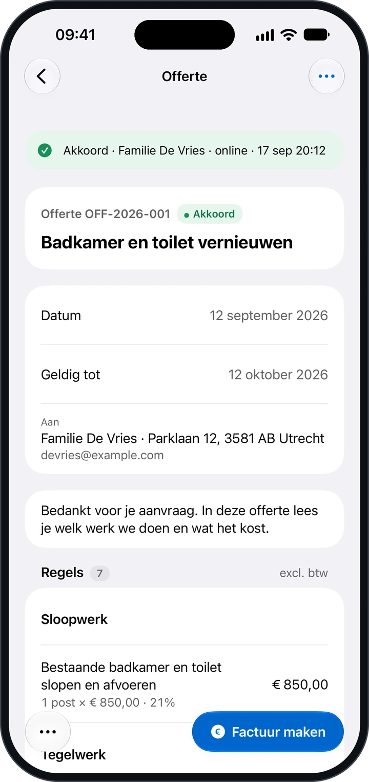 Een offerte met nummer OFF-2026-001, de status Akkoord en de melding dat de klant online akkoord gaf