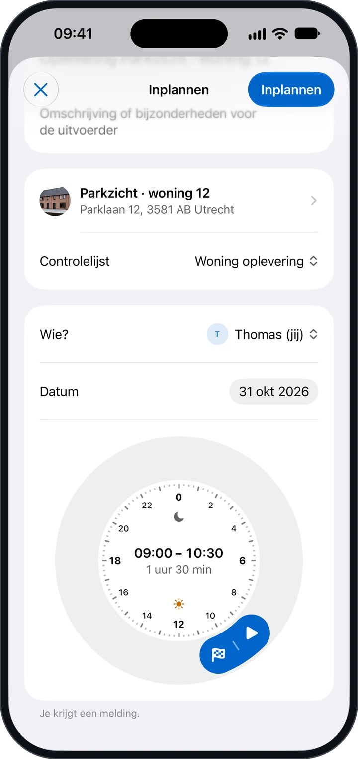 Het blad Inplannen met project, Controlelijst, Wie? en Datum, en de ronde klok die 09:00 tot 10:30 toont