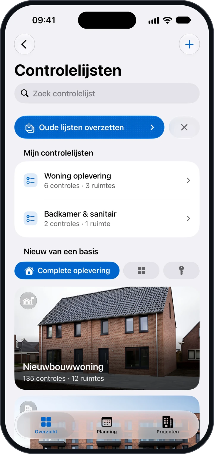 Het scherm Controlelijsten met bovenaan de knop Oude lijsten overzetten, daaronder Mijn controlelijsten en Nieuw van een basis