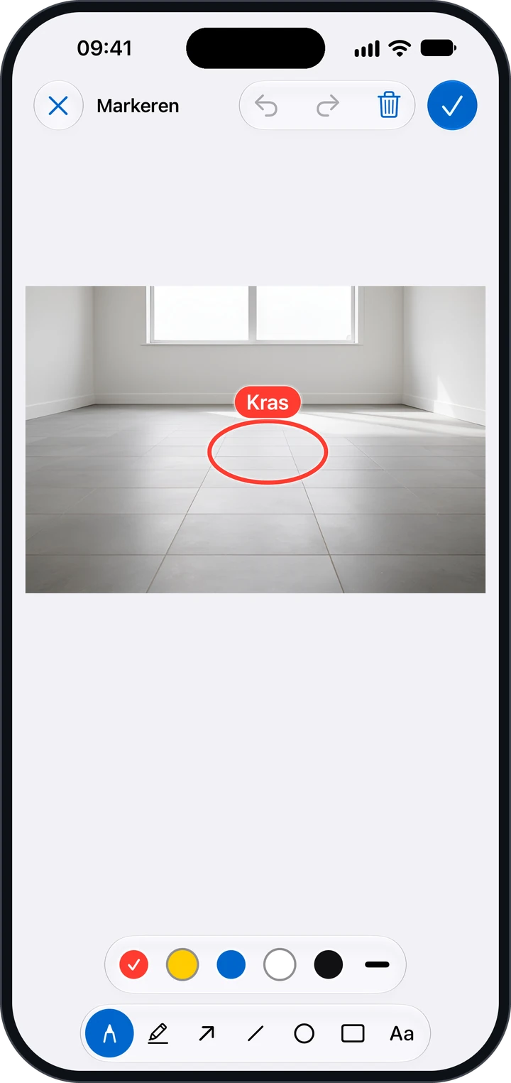 Het scherm Markeren met een foto van een tegelvloer, een rode ovaal met het label Kras en onderaan kleuren en gereedschap