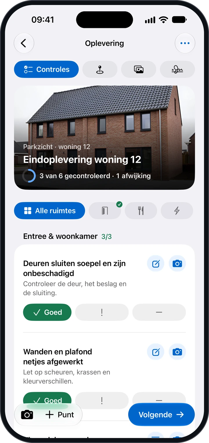 Het tabblad Controles van een oplevering, met per controle de knoppen Goed, Afwijking en N.v.t.