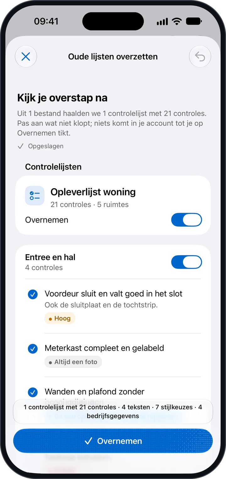 Het scherm Kijk je overstap na met de controlelijst Opleverlijst woning, 21 controles in 5 ruimtes, de Ruimte Entree en hal en de knop Overnemen
