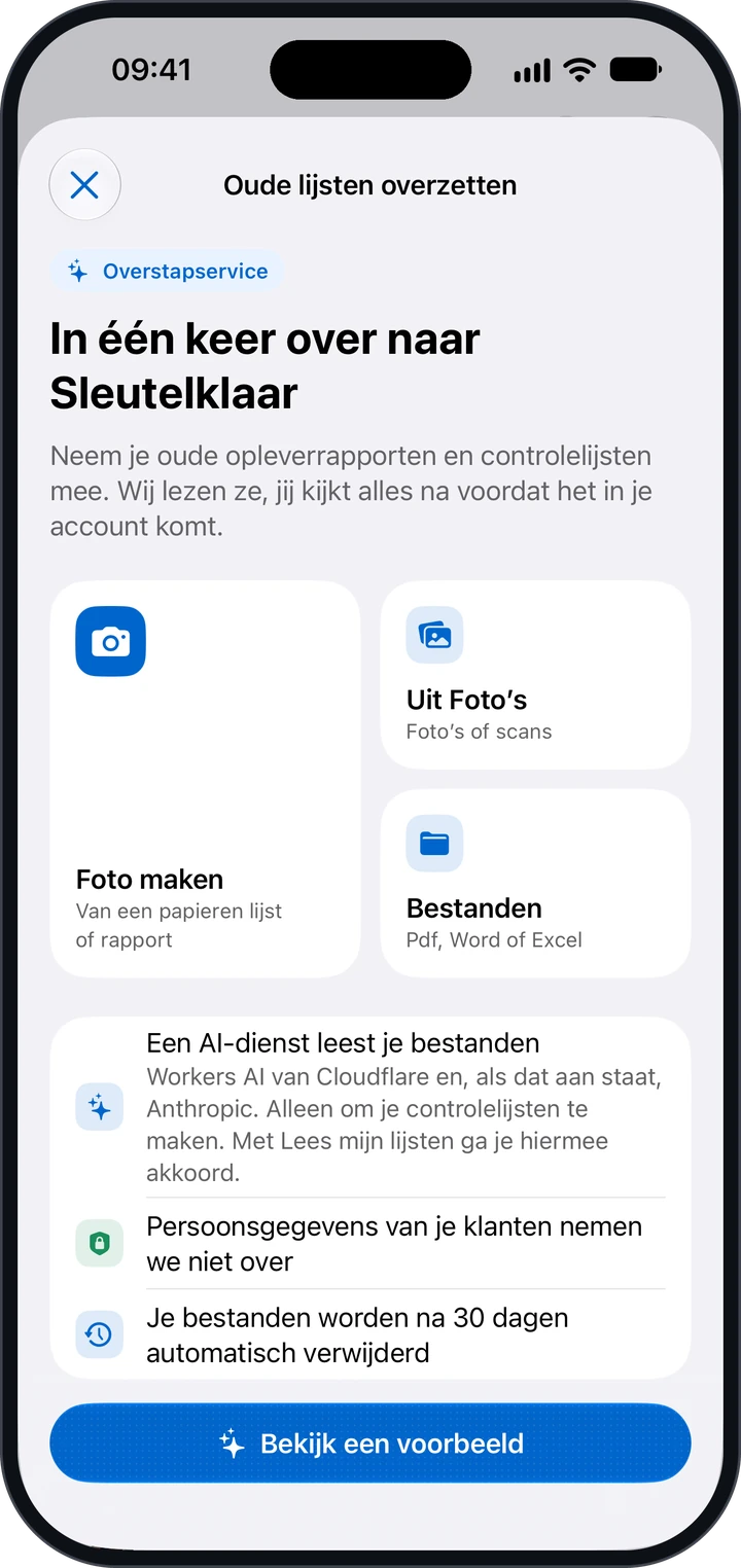 Het startscherm Oude lijsten overzetten met de keuzes Foto maken, Uit Foto’s en Bestanden, en de regels over de AI-dienst, persoonsgegevens en verwijderen na 30 dagen