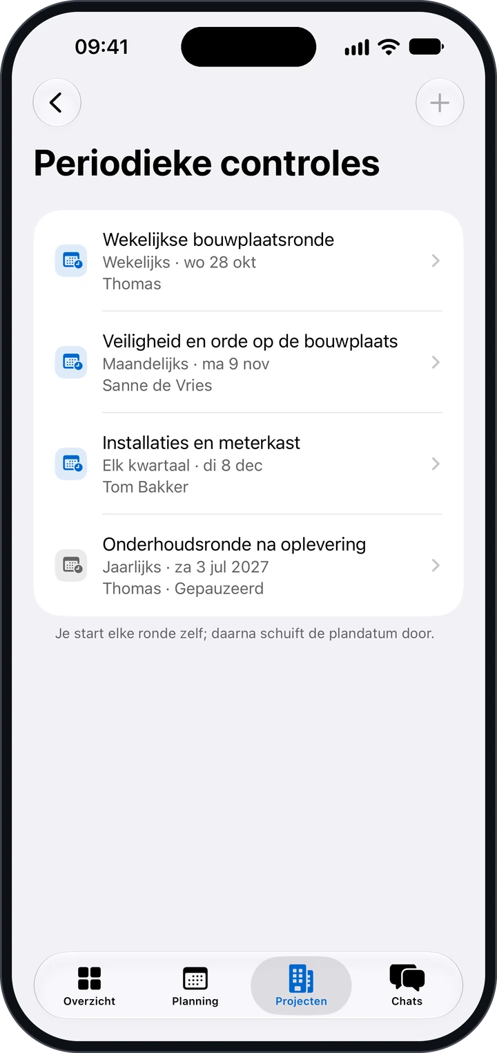 De lijst Periodieke controles met een wekelijkse, maandelijkse, driemaandelijkse en een gepauzeerde jaarlijkse controle