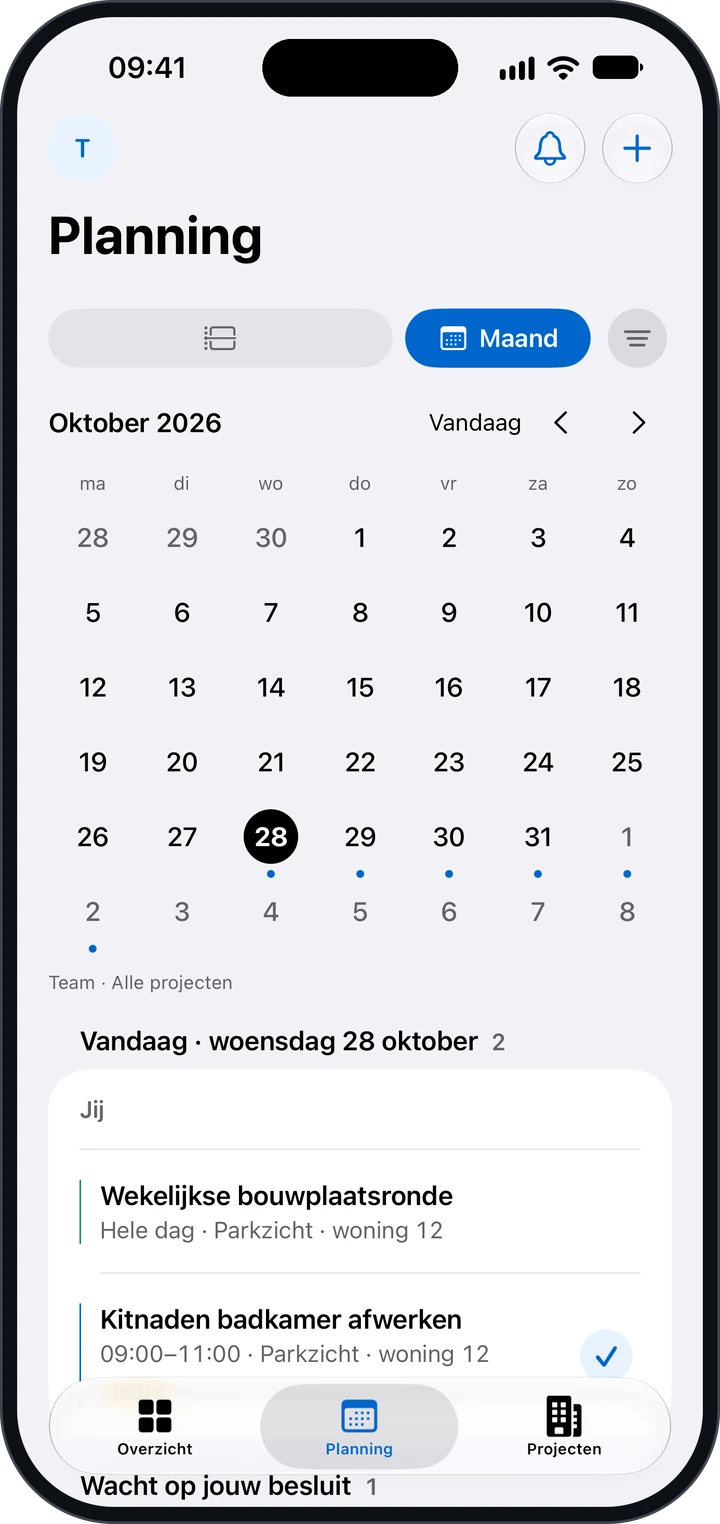 De Planning in de weergave Maand, met Team en Alle projecten en de afspraken van vandaag
