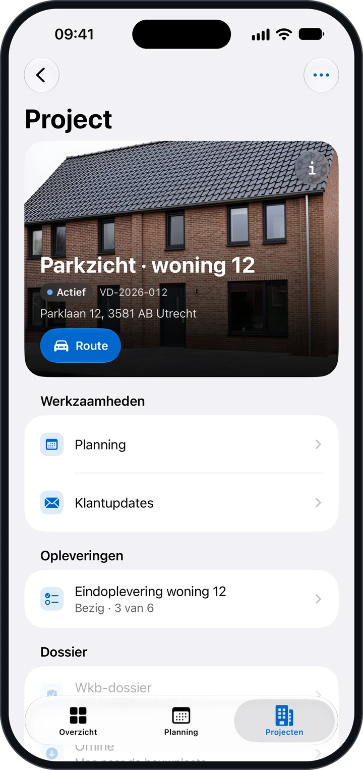 Het projectscherm van Parkzicht · woning 12 met Werkzaamheden, Opleveringen en onderaan de groep Dossier met het Wkb-dossier