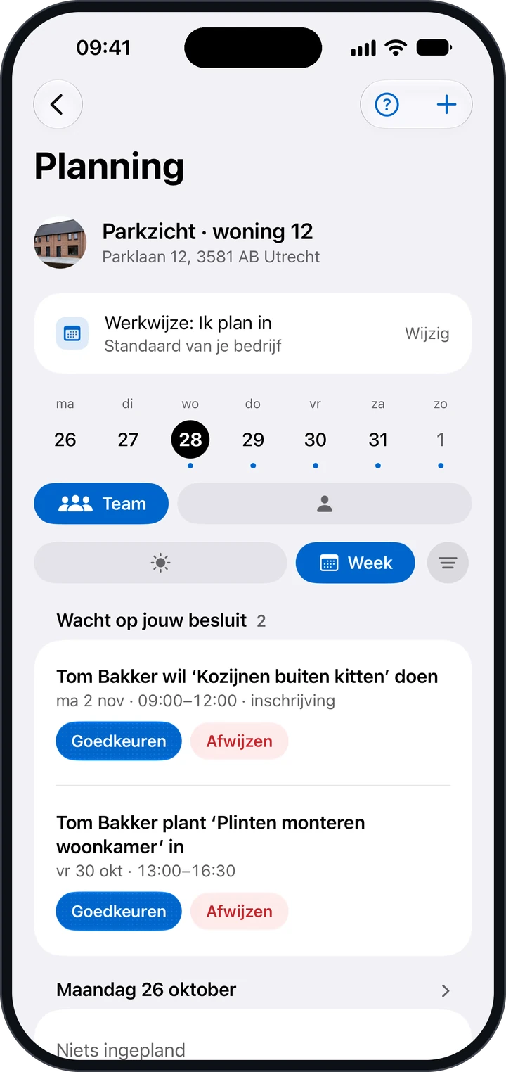 De planning van een project met Werkwijze Ik plan in en onder Wacht op jouw besluit een inschrijving en een ingeplande taak