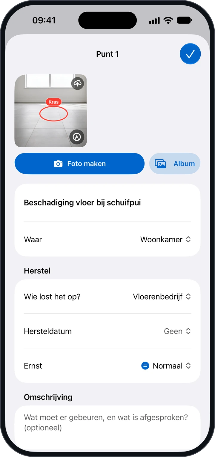 Een punt in Sleutelklaar met een gemarkeerde foto van een tegelvloer, de plek en de herstelafspraken