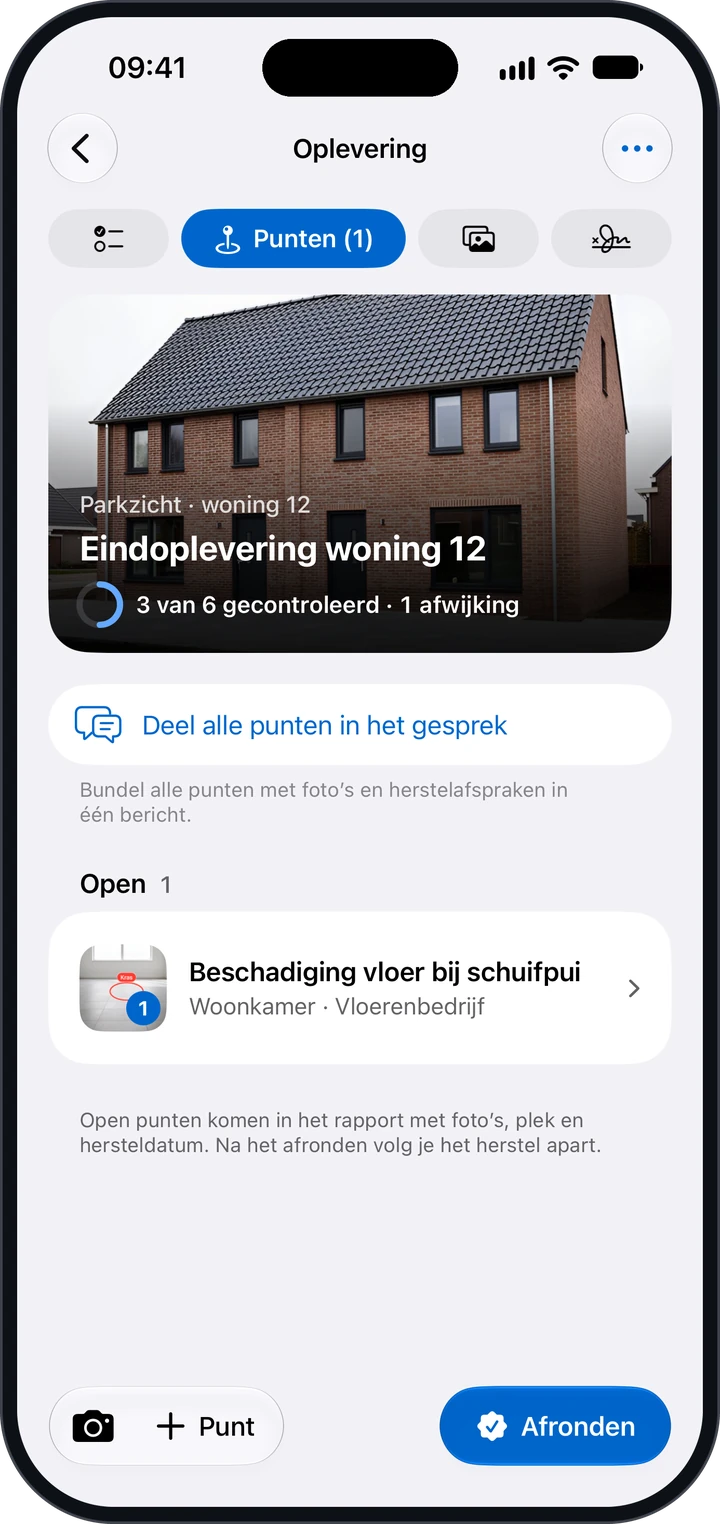 Het tabblad Punten van een oplevering in Sleutelklaar met één open punt