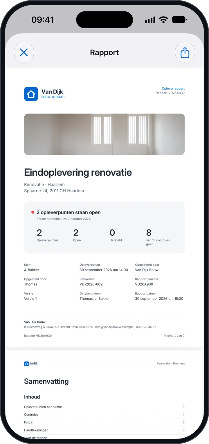 Voorblad van een opleverrapport met de melding dat twee opleverpunten openstaan, de tellingen en de gegevens van de oplevering