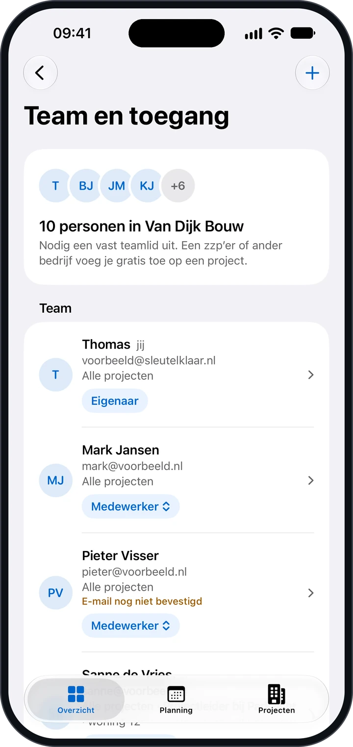 Team en toegang met het aantal personen en de uitleg dat een zzp’er of ander bedrijf gratis op een project komt