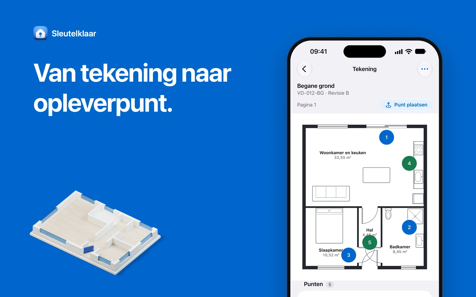 Blauw vlak met de kop ‘Van tekening naar opleverpunt’, een iPhone met een bouwtekening en genummerde opleverpunten en een witte maquette van een plattegrond.