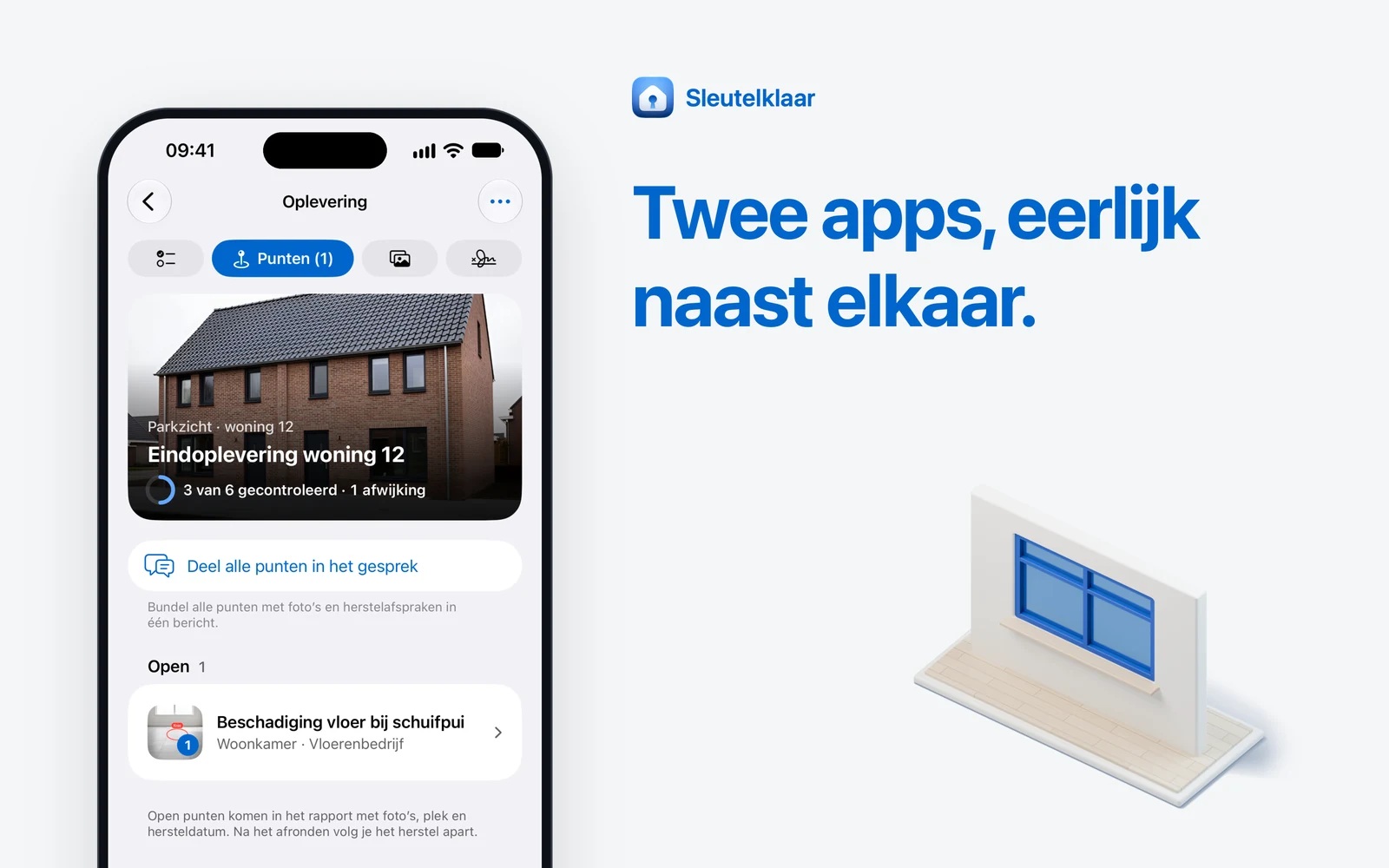 Lichtgrijs vlak met de kop ‘Twee apps, eerlijk naast elkaar’, een iPhone met het tabblad Punten van een oplevering en een witte maquette van een wand met een blauw kozijn.