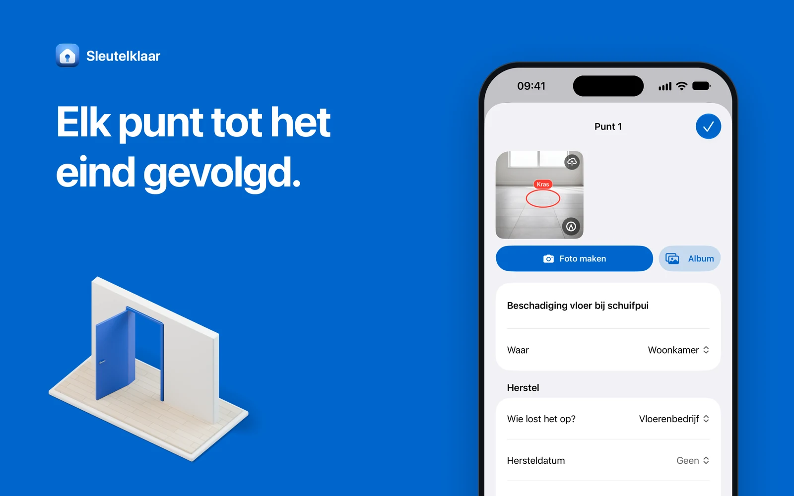 Blauw vlak met de kop ‘Elk punt tot het eind gevolgd’, een iPhone met een opleverpunt met foto en herstelafspraak en een witte maquette van een wand met een open blauwe deur.