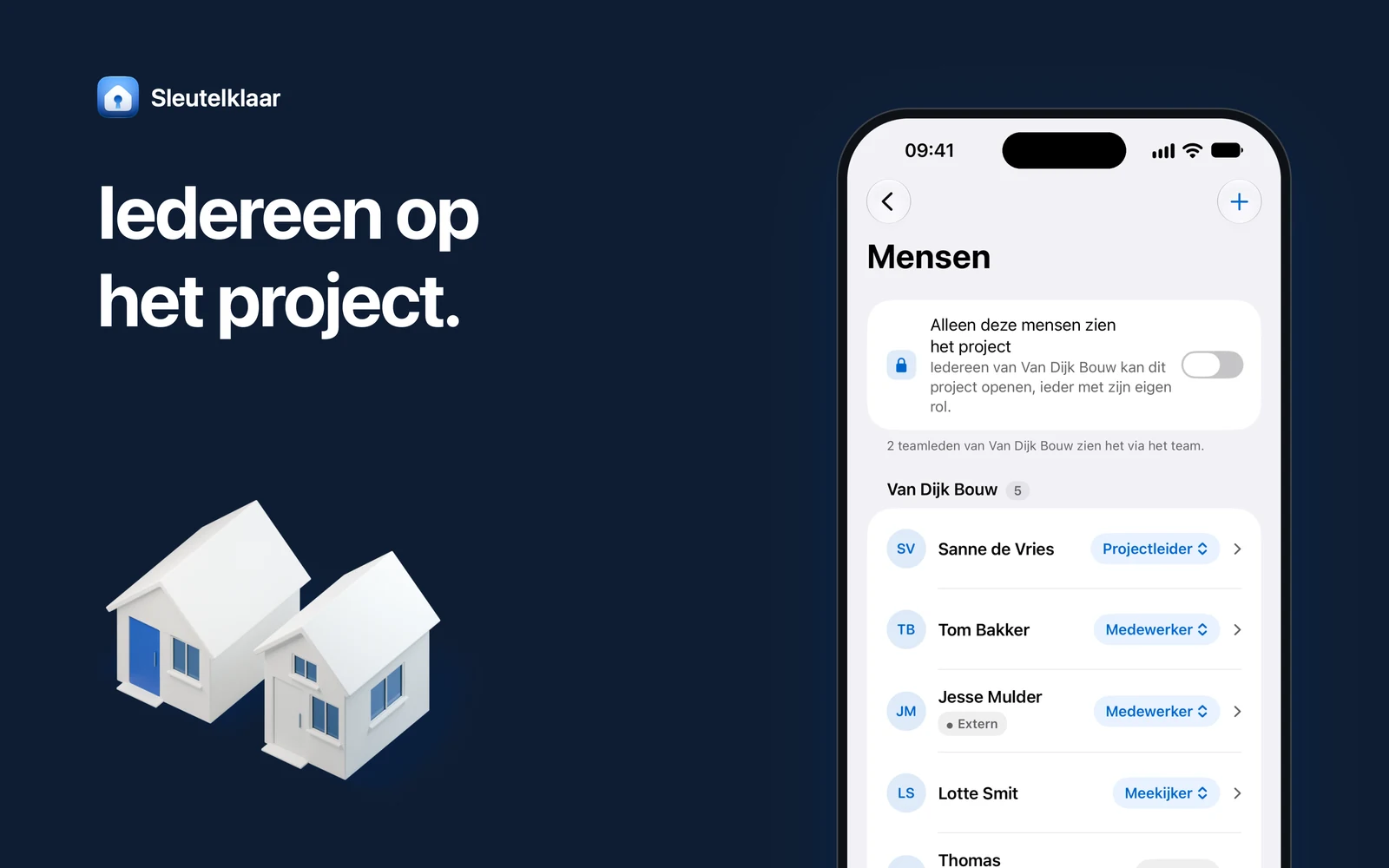 Donkerblauw vlak met de kop ‘Iedereen op het project’, een iPhone met de mensen op een project en hun rol en een witte maquette van twee huizen.